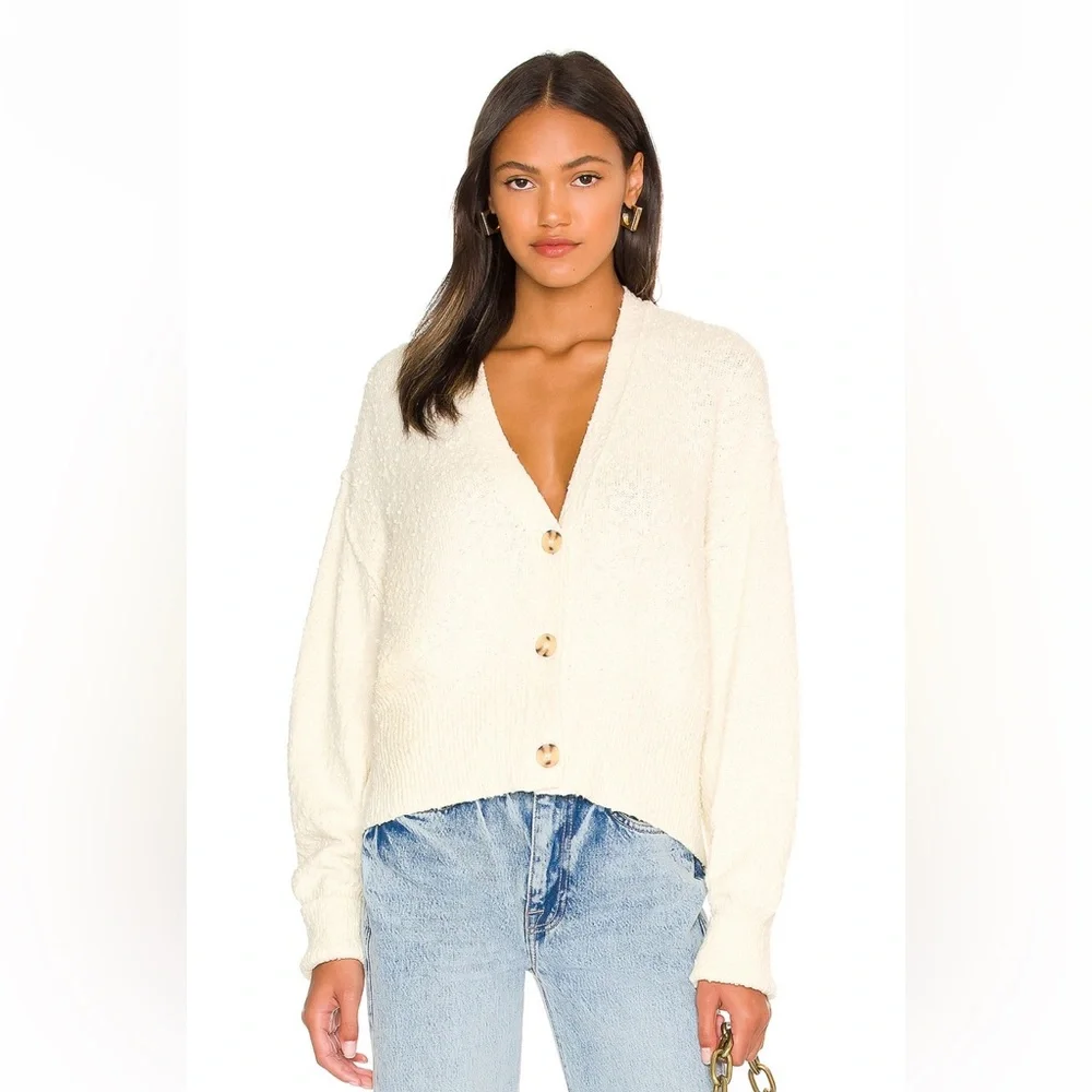 Free People Cream Button-Up V-Neck Sweater Cardigan